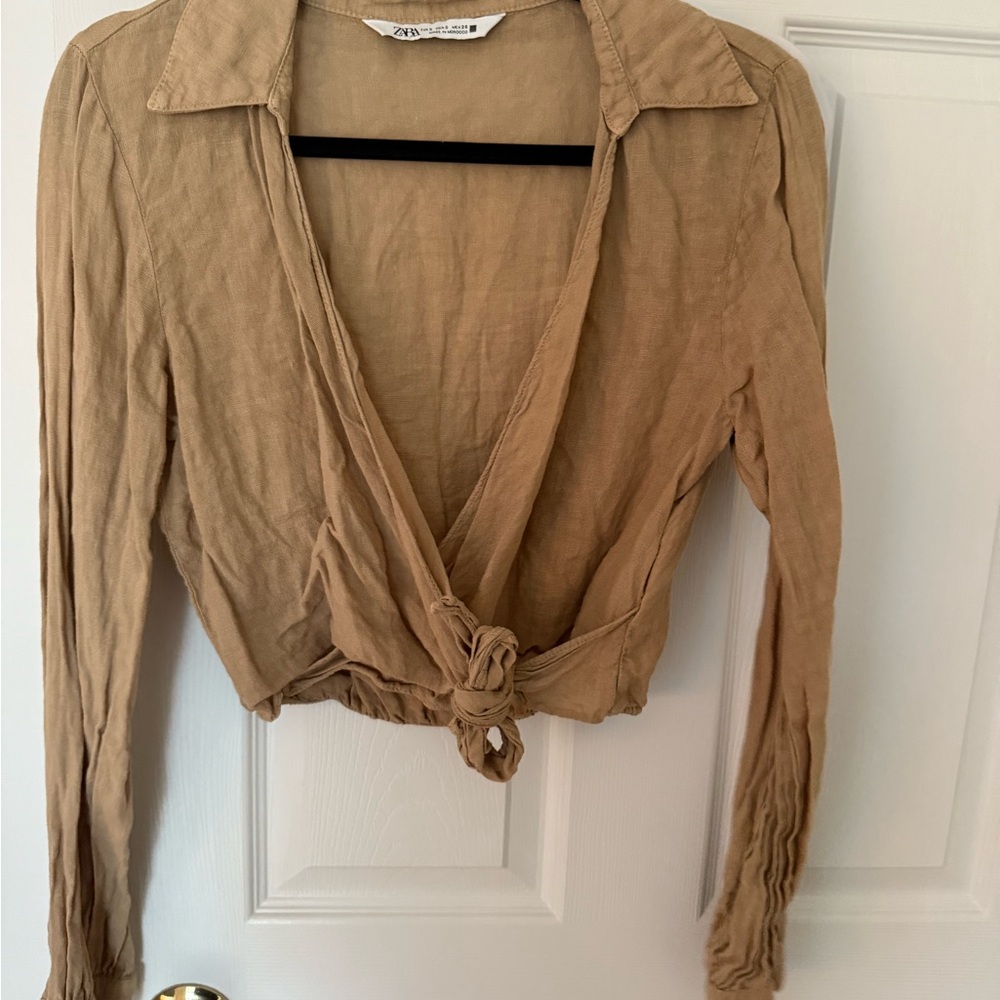 Zara Tan Tie-Front Long Sleeve Button Down Crop Top